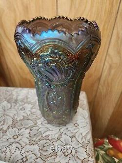 10 Imperial'Scroll & Flower Panels' Smoke Carnival Glass Vase Iridescent RARE