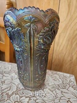 10 Imperial'Scroll & Flower Panels' Smoke Carnival Glass Vase Iridescent RARE