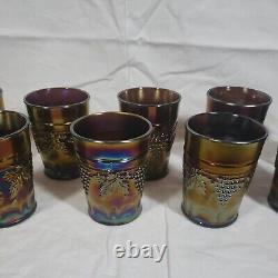 10 Northwood Amethyst Iridescent Carnival Glass Tumblers Grape Cable 8oz