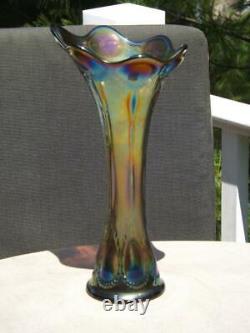 11 Beaded Bullseye Iridescent Carnival Glass Funeral Vase MINT Green & Blue