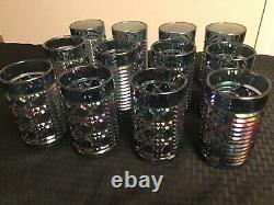 12 Vintage Indiana Glass Windsor Blue Iridescent Carnival Glasses