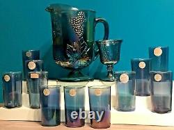 13 Indiana Carnival Glass Blue Iridescent Harvest Grapes Pitcher Goblet Glasses
