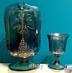 13 Indiana Carnival Glass Blue Iridescent Harvest Grapes Pitcher Goblet Glasses