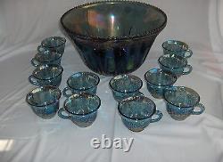 13 Pc Vintage Punch Set Indiana Glass Carnival Grape Iridescent Princess Blue