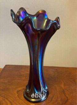 1920 FENTON Iridescent Ribbed Blue Carnival swung vase Antique Made USA Used