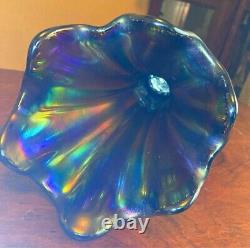 1920 FENTON Iridescent Ribbed Blue Carnival swung vase Antique Made USA Used