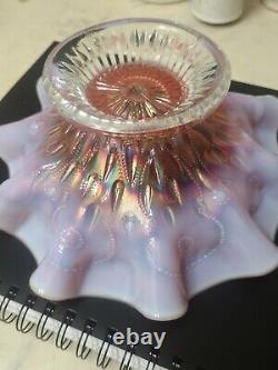 1920 iridescent Antique Dugan Peach Opal Raindrops Carnival Glass, Crimped Bowl
