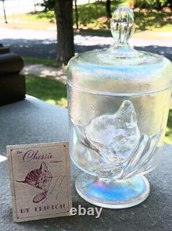 1985 Fenton White Carnival Iridized Crystal Chessie Sleeping Cat Jar Railroad