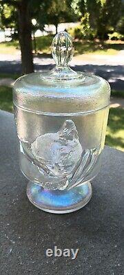 1985 Fenton White Carnival Iridized Crystal Chessie Sleeping Cat Jar Railroad