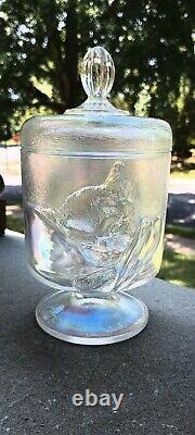 1985 Fenton White Carnival Iridized Crystal Chessie Sleeping Cat Jar Railroad