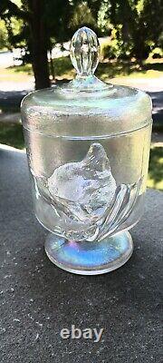 1985 Fenton White Carnival Iridized Crystal Chessie Sleeping Cat Jar Railroad