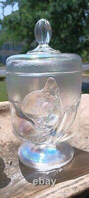 1985 Fenton White Carnival Iridized Crystal Chessie Sleeping Cat Jar Railroad