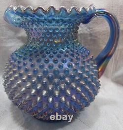 1992 Fenton 3 Generations Art Glass Blue Iridescent Carnival Hobnail Pitcher