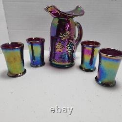 1996 Gibson Carnival Glass Purple Iridescent Pitcher Glass Set Miniature