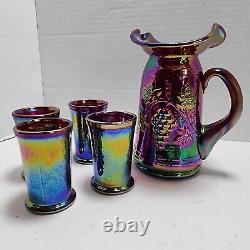 1996 Gibson Carnival Glass Purple Iridescent Pitcher Glass Set Miniature