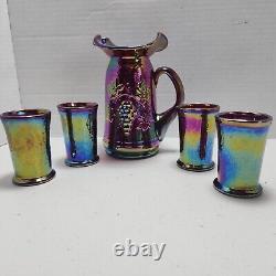 1996 Gibson Carnival Glass Purple Iridescent Pitcher Glass Set Miniature