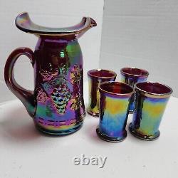 1996 Gibson Carnival Glass Purple Iridescent Pitcher Glass Set Miniature