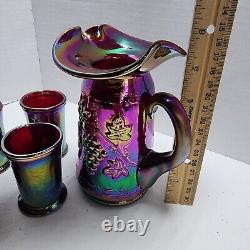 1996 Gibson Carnival Glass Purple Iridescent Pitcher Glass Set Miniature