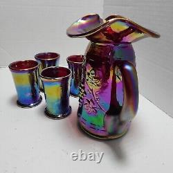 1996 Gibson Carnival Glass Purple Iridescent Pitcher Glass Set Miniature