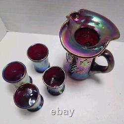 1996 Gibson Carnival Glass Purple Iridescent Pitcher Glass Set Miniature