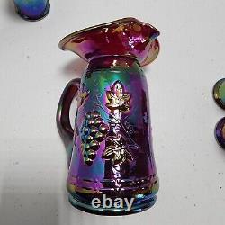 1996 Gibson Carnival Glass Purple Iridescent Pitcher Glass Set Miniature