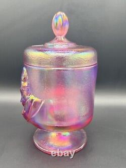 1997 Fenton Glass Pink Iridescent Carnival Glass Chessie Candy Dish & Lid 8.5