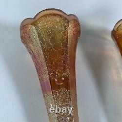 2 Antique Marigold Iridescent Carnival Glass Auto Car Bud Flower Vases, 7.5 H