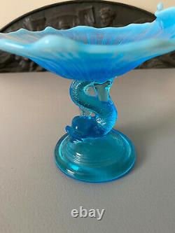 2 Antique NorthWood Aqua Blue Opalescent Glass Dolphin Candy Dish c