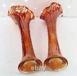 2 Beautiful 14 Swung Marigold Iridescent Carnival Glass Vases Fenton Northwood