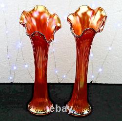 2 Beautiful 14 Swung Marigold Iridescent Carnival Glass Vases Fenton Northwood