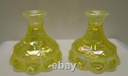 2 Vintage Carnival Iridescent Yellow Glass Candle Stick holders Cherries Fenton