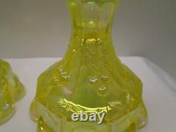 2 Vintage Carnival Iridescent Yellow Glass Candle Stick holders Cherries Fenton