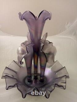 2003 Fenton Purple Lavender Lilac Stretch Iridescent Glass LARGE Epergne 5 Pcs