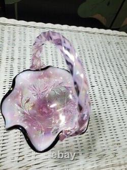 2003 Nancy Fenton Signed Pink Iridescent Carnival Glass Footed Basket, Mint Cond