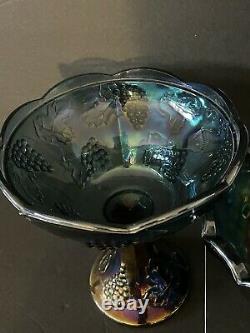 (3) Blue Iridescent Indiana Carnival Glass Grape Harvest Bowls And Garland Bowl