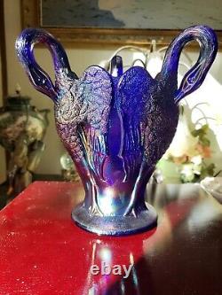 3 Swan handled Vase, Imperial Glass Carnival Iridescent bird heads purple blue