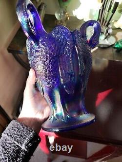 3 Swan handled Vase, Imperial Glass Carnival Iridescent bird heads purple blue