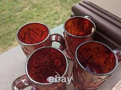 4 Imperial Red Iridescent Carnival Glass ACANTHUS LEAF Tankard Mugs Cups