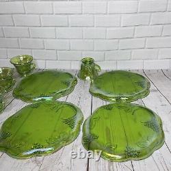 4 Indiana Carnival 2443 Glass Iridescent Harvest Grapes Lime Green Snack Set