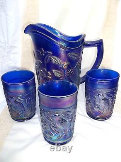 4 Pc Imperial Glass Ohio Robin Blue Carnival Glass Pitcher & 3 Tumblers