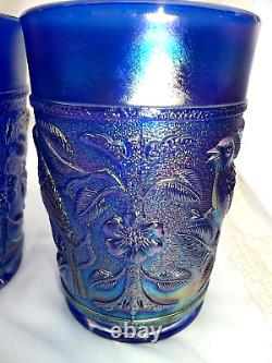 4 Pc Imperial Glass Ohio Robin Blue Carnival Glass Pitcher & 3 Tumblers