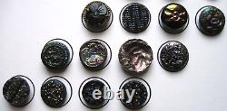 42 Antique Black Glass Buttons Iridescent Luster + Books Carnival I, II, III