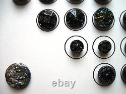 42 Antique Black Glass Buttons Iridescent Luster + Books Carnival I, II, III