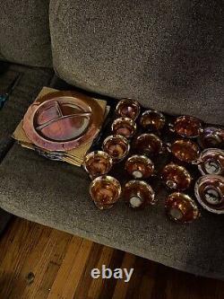 44pc VTG Iridescent Orange/Peach Carnival Glass set + Creamer & Sugar