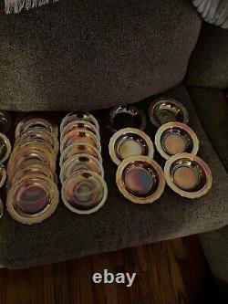 44pc VTG Iridescent Orange/Peach Carnival Glass set + Creamer & Sugar