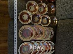 44pc VTG Iridescent Orange/Peach Carnival Glass set + Creamer & Sugar