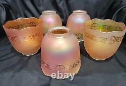 (5) Antique NuArt Matching Iridescent Marigold Carnival Glass Shades Signed