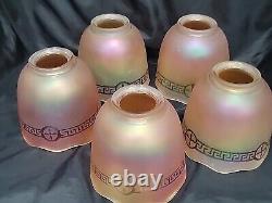 (5) Antique NuArt Matching Iridescent Marigold Carnival Glass Shades Signed