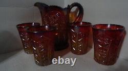 5 pcs pitcher carnival glass heirloom sunset 4 tumblers iridescent amberina vtg