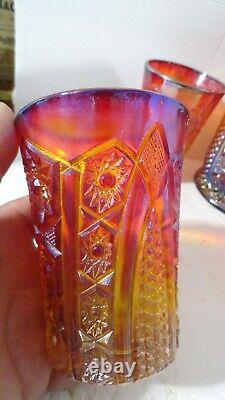 5 pcs pitcher carnival glass heirloom sunset 4 tumblers iridescent amberina vtg